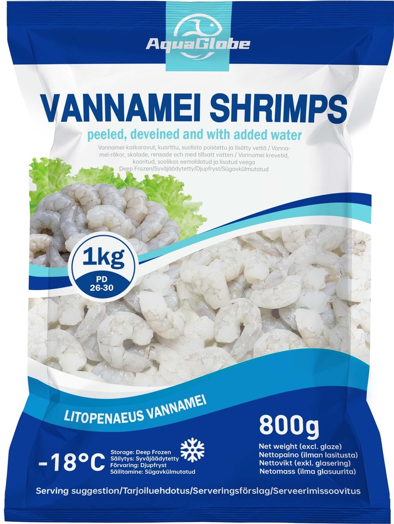 AquaGlobe Vannamei Shrimps PD 26/30 800g | AquaGlobe 白虾 虾仁 26/30 800g