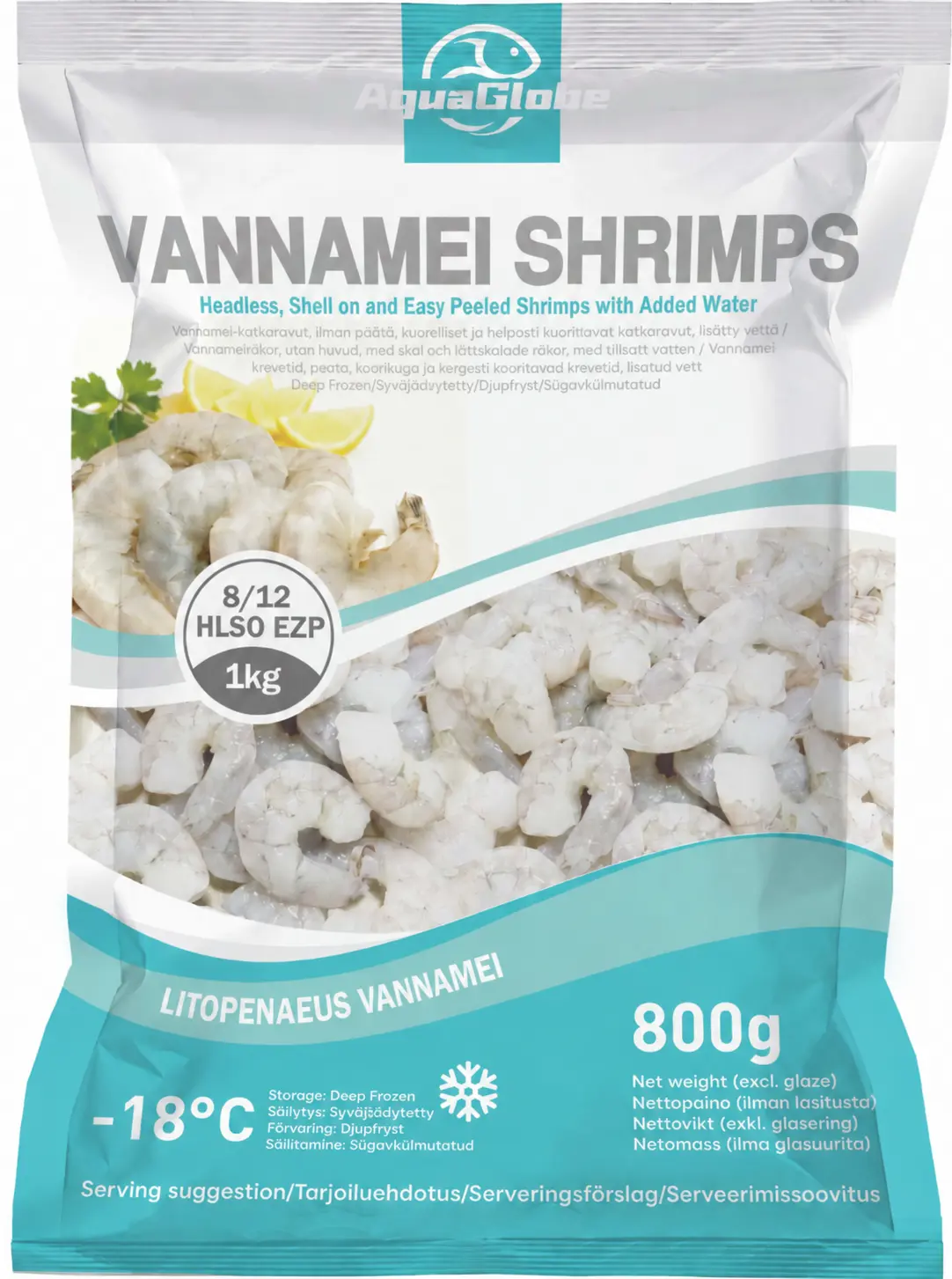 AquaGlobe Vannamei Katkaravut HLSO Easy Peeled 8/12 800 g| AquaGlobe 开背白虾 (无头有壳) 8/12 800g