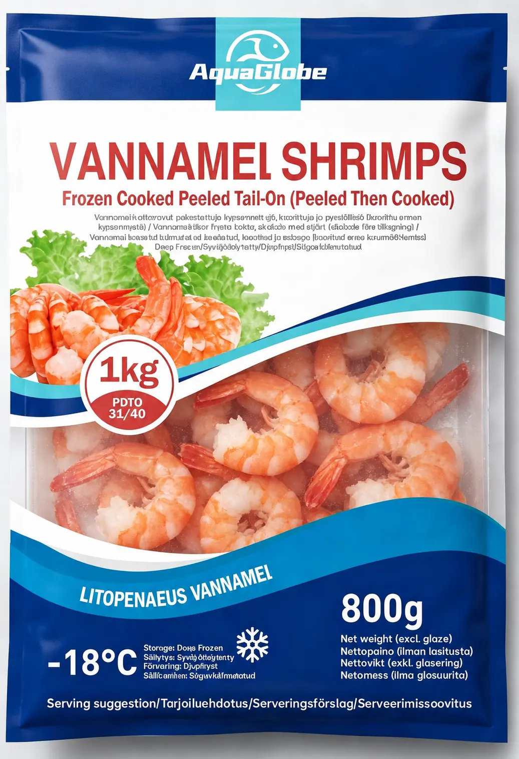 AquaGlobe 熟虾仁 带尾 31/40 800g | AquaGlobe Vannamei Shrimps Cooked Peeled Tail On 31/40 800g
