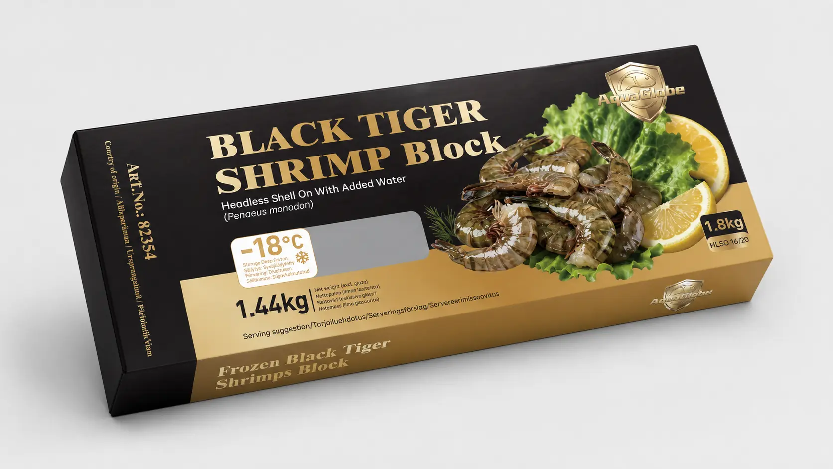  金标AQUAGLOBE 16/20 黑虎大虾 (无头有壳) 1.8kg (净重 1.44kg) | GOLDEN AQUAGLOBE Black Tiger Shrimps 16/20 HLSO 1.8kg (1.44kg) 