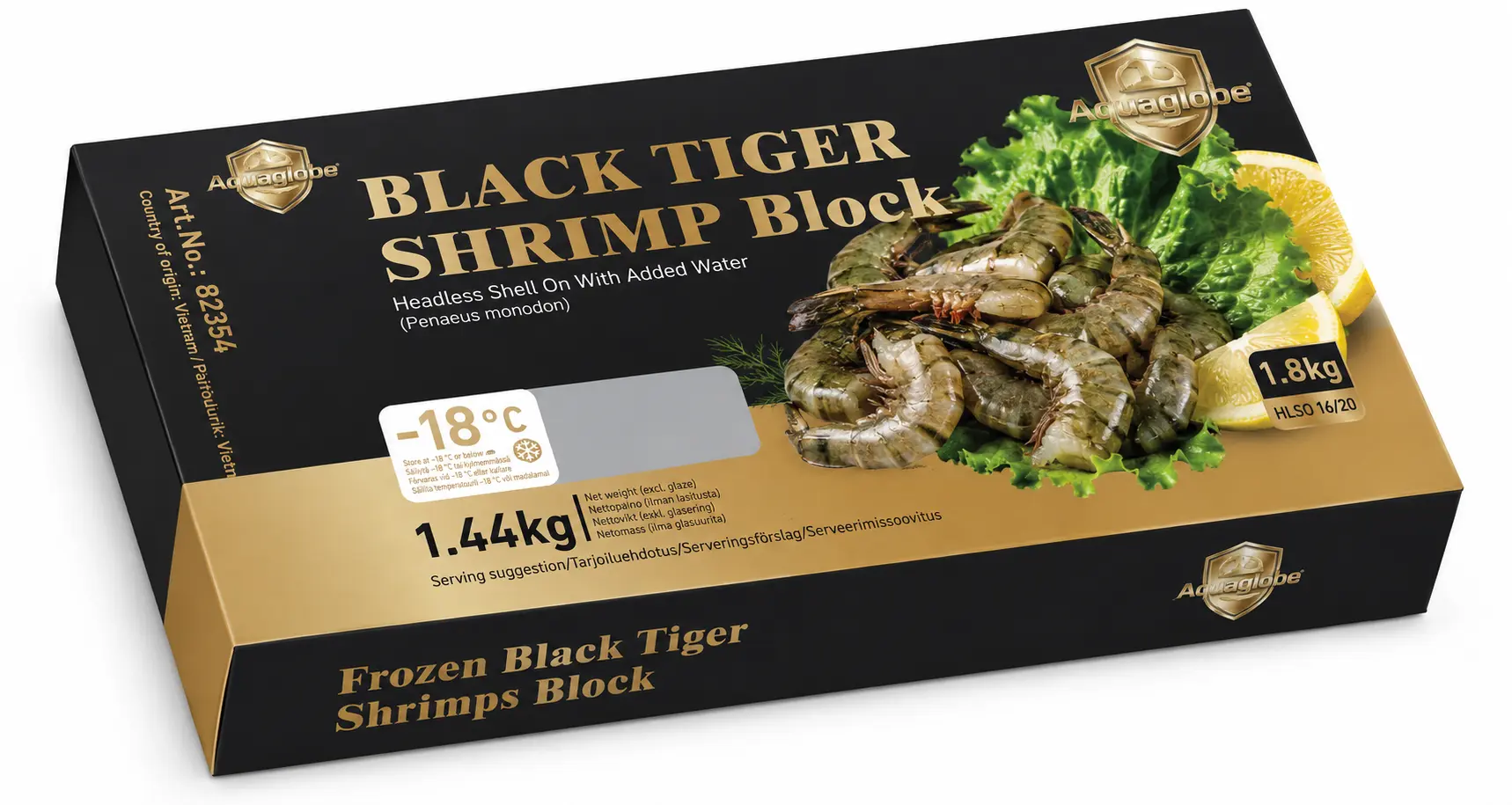 金标AQUAGLOBE 21/25 黑虎大虾 (无头有壳) 1.8kg (净重 1.44kg） | GOLDEN AQUAGLOBE Black Tiger Shrimps 21/25 HLSO 1.8kg (1.44kg)
