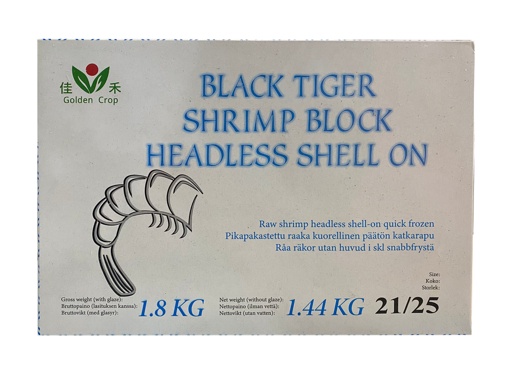GOLDEN AQUAGLOBE Black Tiger Shrimps 21/25 HLSO 1.8kg (1.44kg) | 金标AQUAGLOBE 21/25 黑虎大虾 (无头有壳) 1.8kg (净重 1.44kg） 