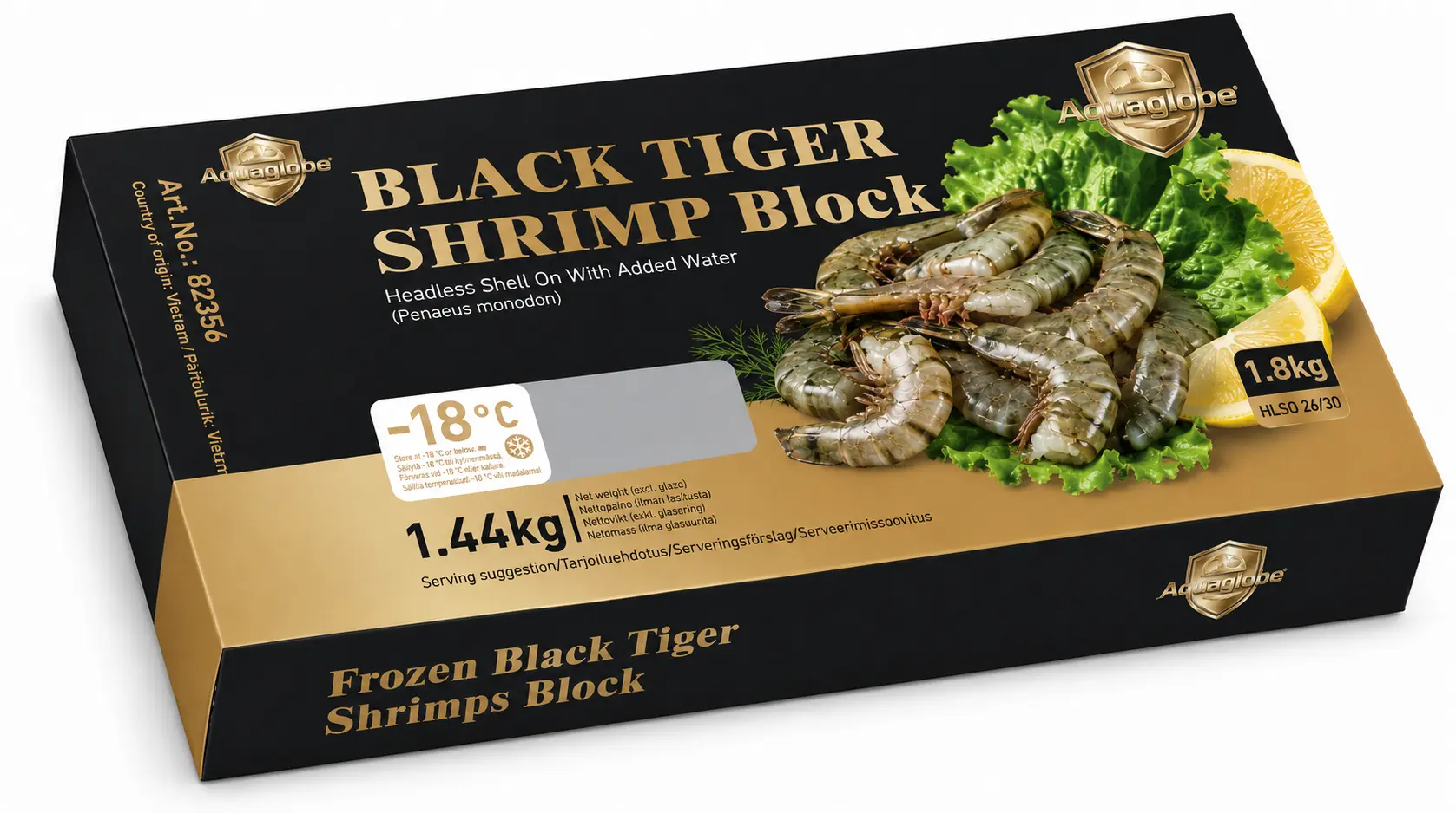 金标AQUAGLOBE 26/30 黑虎大虾 (无头有壳) 1.8kg (净重 1.44kg) | GOLDEN AQUAGLOBE Black Tiger Shrimps 26/30 HLSO 1.8kg (1.44kg)