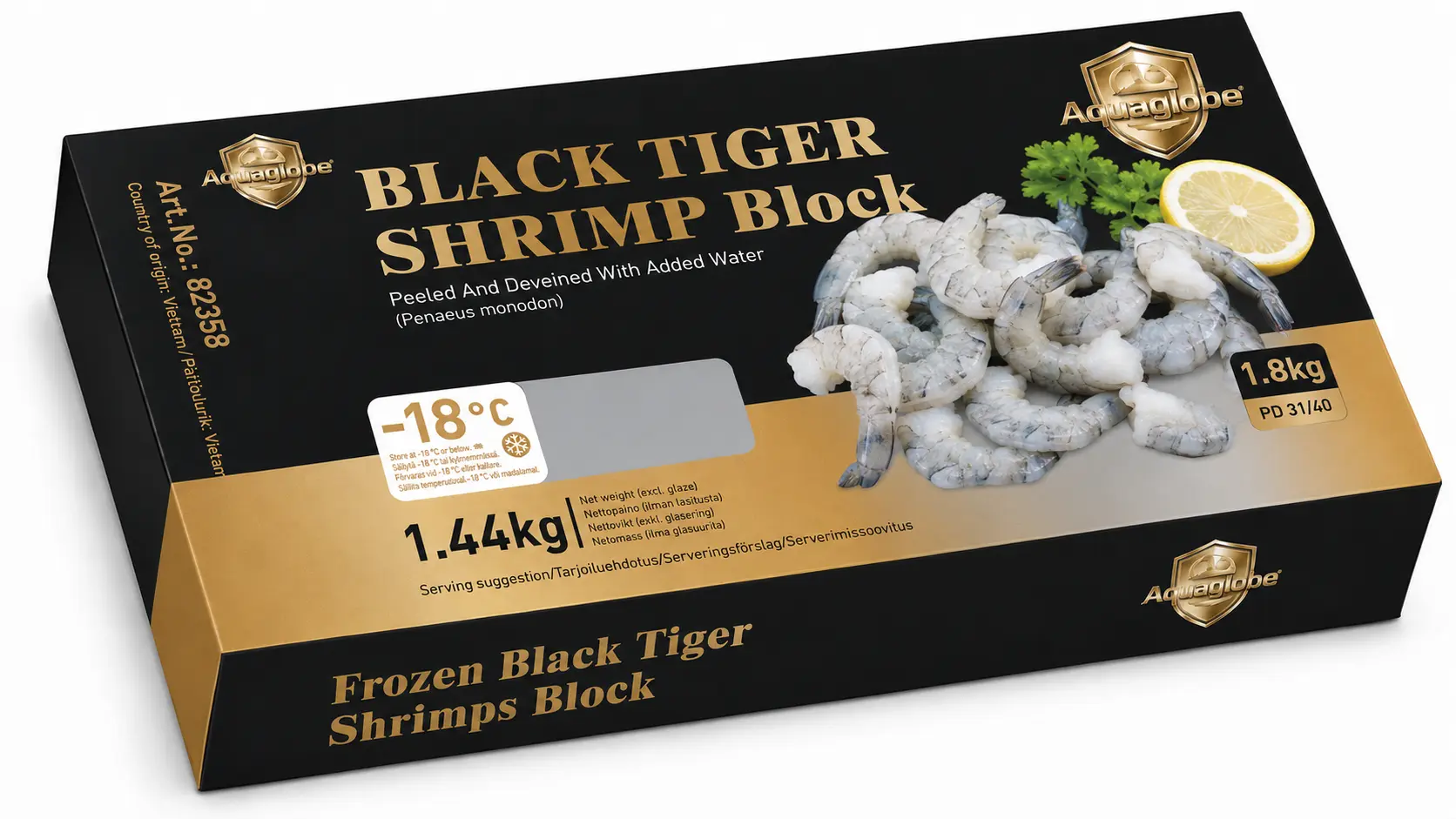GOLDEN AQUAGLOBE Black Tiger Shrimps 31/40 PD 1.8kg(1.44kg) | 金标Aquaglobe 31/40 黑虎 虾仁1.8kg(净重 1.44kg)