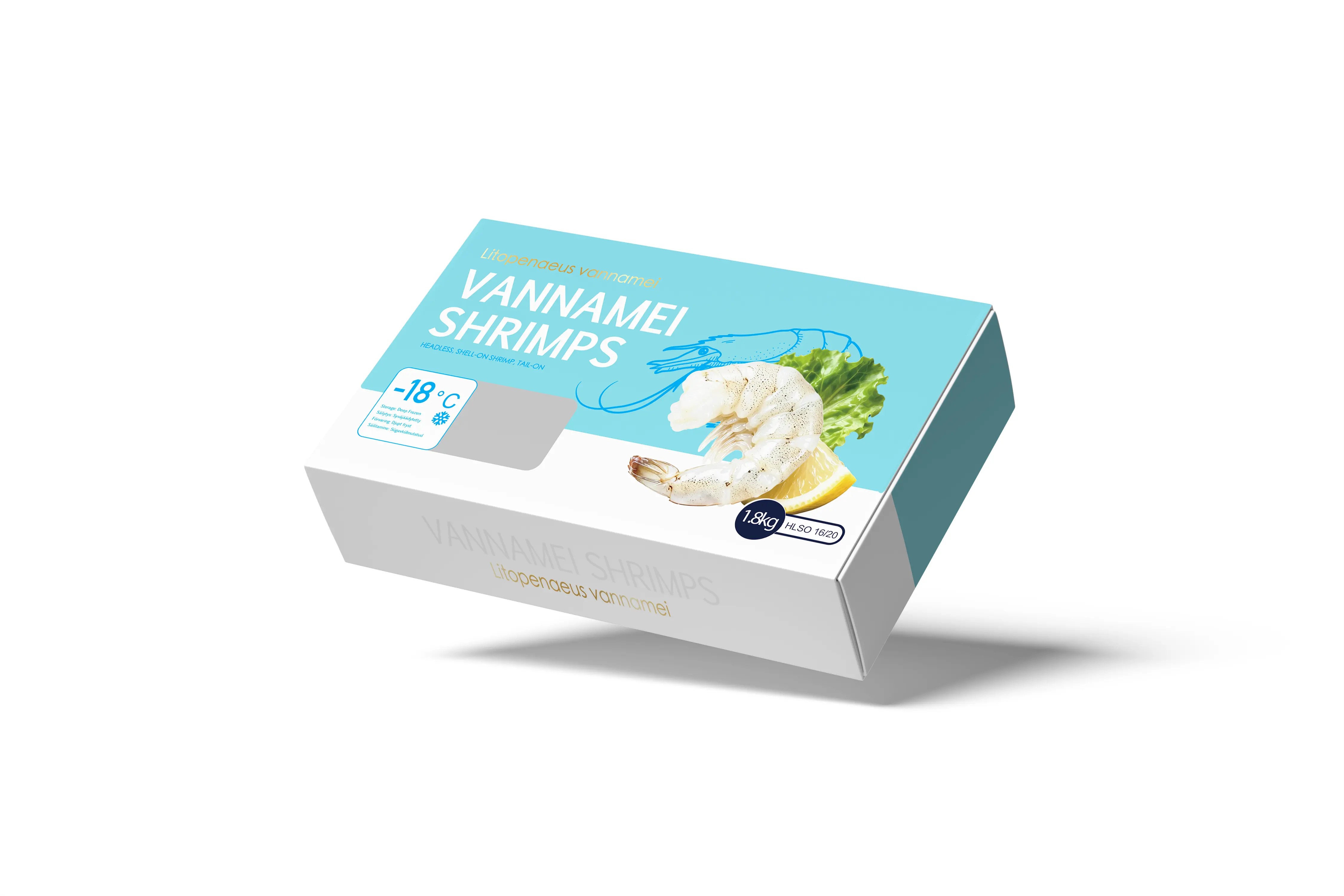 Aquaglobe Vannamei-katkarapu 16/20 HLSO 1,8 kg (Valutettu paino 1,44 kg) | Aquaglobe 白虾 16/20 (无头有壳)1.8kg(净重1.44kg)