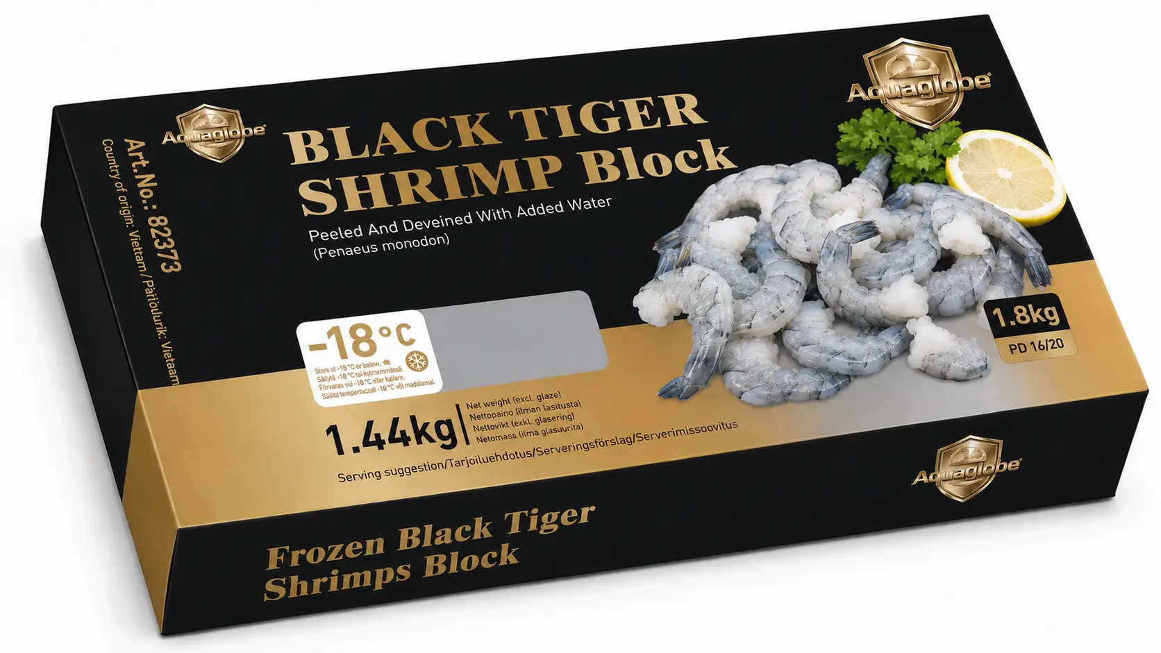 金标Aquaglobe 16/20 黑虎 虾仁1.8kg(净重 1.44kg) | GOLDEN AQUAGLOBE Black Tiger Shrimps 16/20 PD 1.8kg(1.44kg)