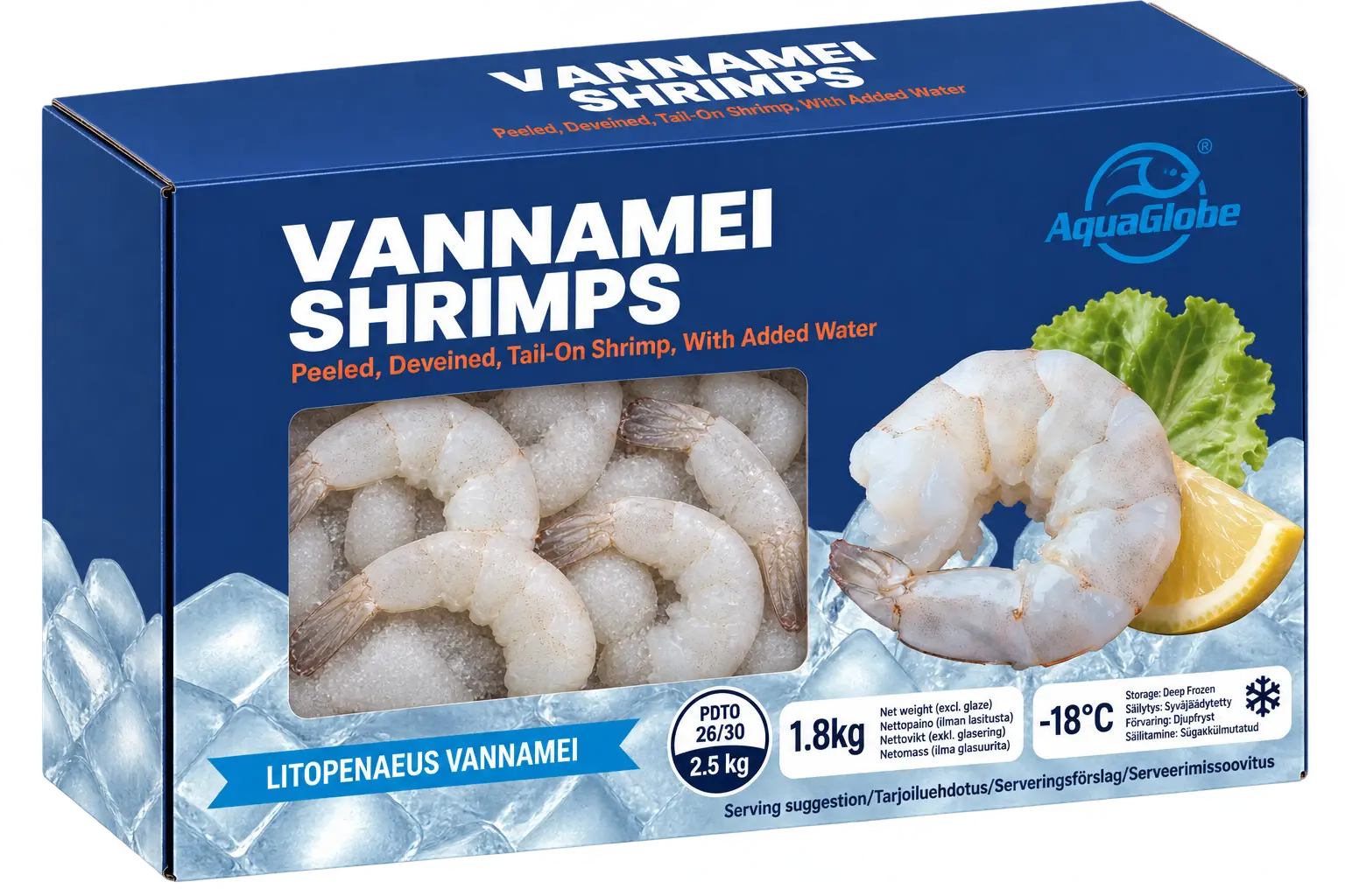 AquaGlobe Vannamei Shrimps 26/30 PDTO 1.8kg (100%) | AquaGlobe  越南白虾虾仁 带尾巴 26/30 1.8kg (100%)