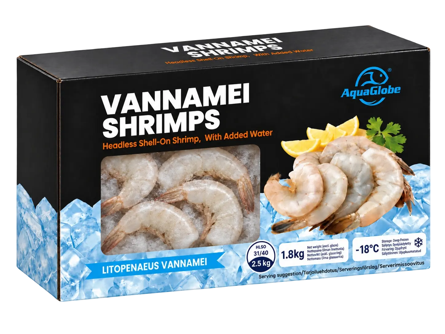 AquaGlobe Vannamei Shrimps 31/40 HLSO 1.8kg (100%) | AquaGlobe  越南白虾 无头有壳 31/40 HLSO 1.8kg (100%)