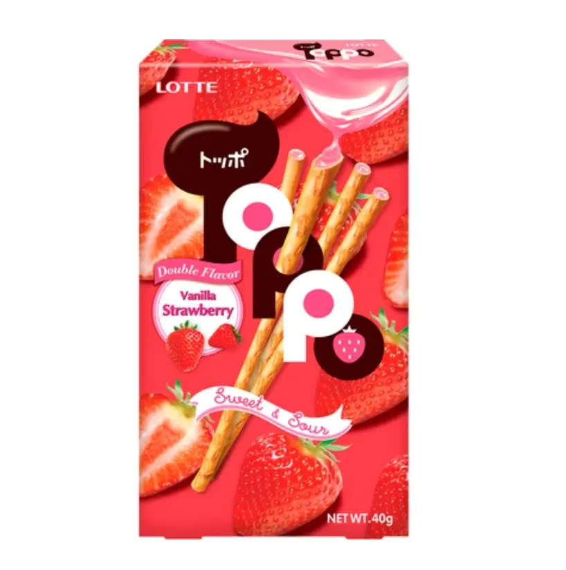 LOTTE Toppo Suolaiset pretzel-tikut, vaniljan ja mansikan maku 40g | 夹心饼干棒 香草草莓味 40g 