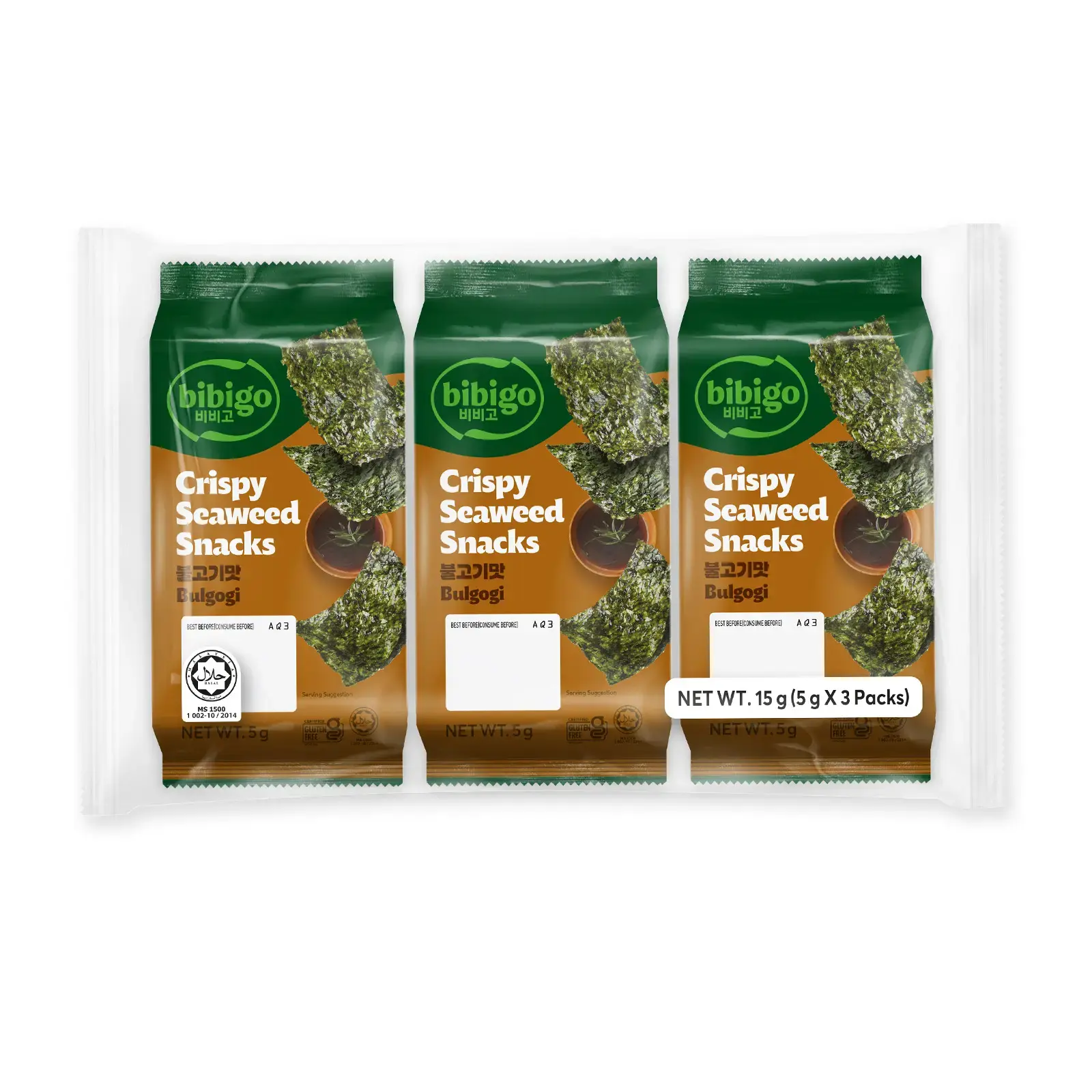 BIBIGO CRISPY SEAWEED SNACKS WASABI 5G*3 |  必品阁 芥末味海苔零食 3包 x 5克