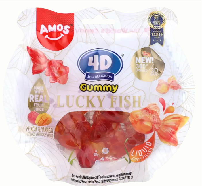 AMOS 4D Gummy Lucky Fish Peach Mango Flavor 60g | AMOS 4D幸运鱼软糖 桃子芒果味 60g