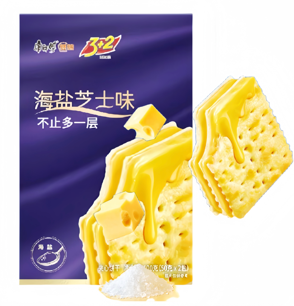 KSF 3+2 Soda Sandwich Biscuits Sea Salt Cheese Flavor 100g | 康师傅 3+2 苏打夹心饼干 海盐芝士味 100g
